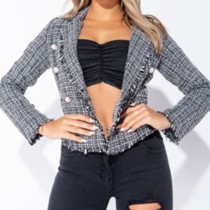 NWT Parisian Tweed Check Frayed Edge Blazer SZ: 4